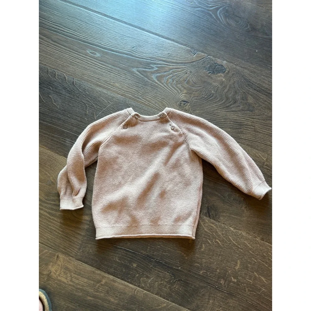 H&M Organic Cotton Knit Sweater Dusty Rose Pink Button Shoulder 12M Baby Girls
